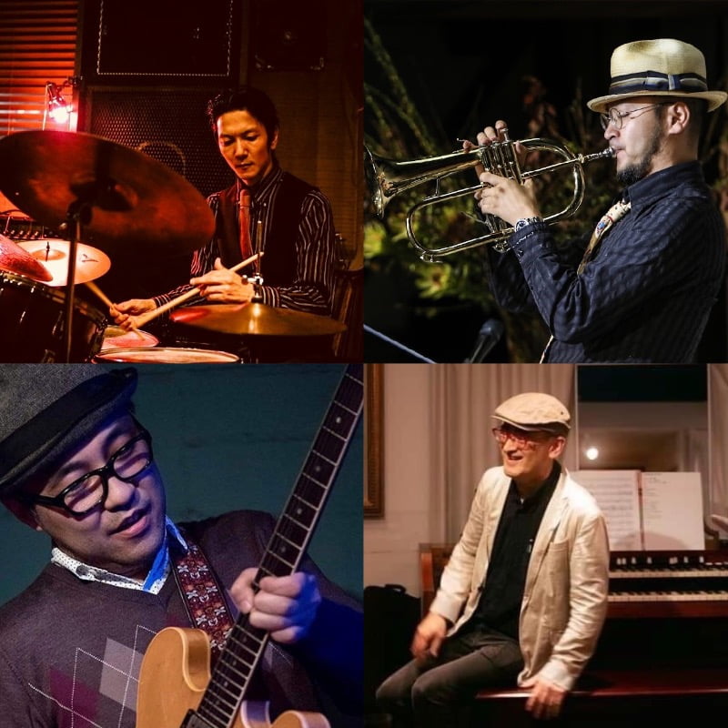 大江 陽象さん(drums)、島 裕介さん(trumpet)、久保田 浩之さん(guitar)、福永 貴之(organ)さん