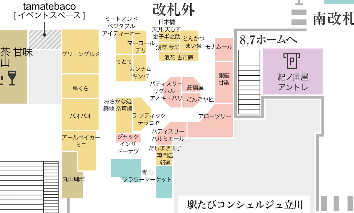 エキュート立川2階改札外エリアのマップ（公式サイトより）