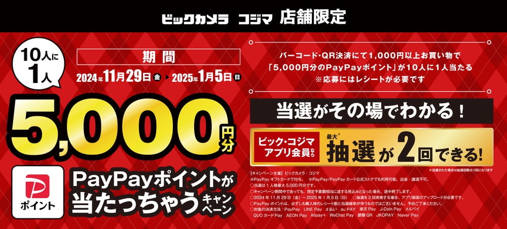 ビックカメラ コジマ（5,000円分のPayPayポイントが当たる）