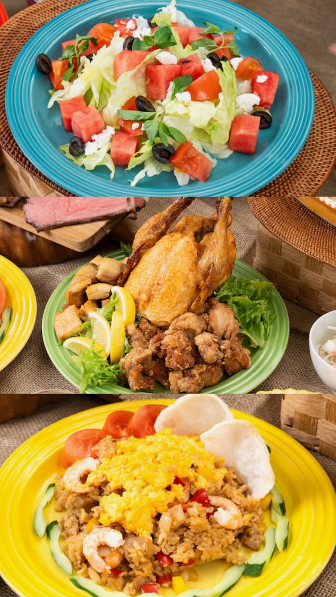 スイカのサラダ バルサミコソース、モチコチキン&フリフリチキン、ナシゴレン