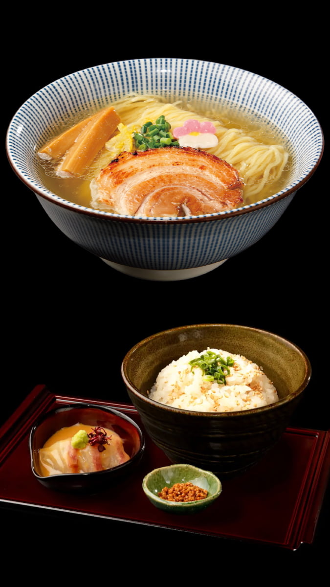 素材とビジュアルにこだわる鯛塩そば灯花のらーめん(上)灯花 名物鯛茶漬け(下)
