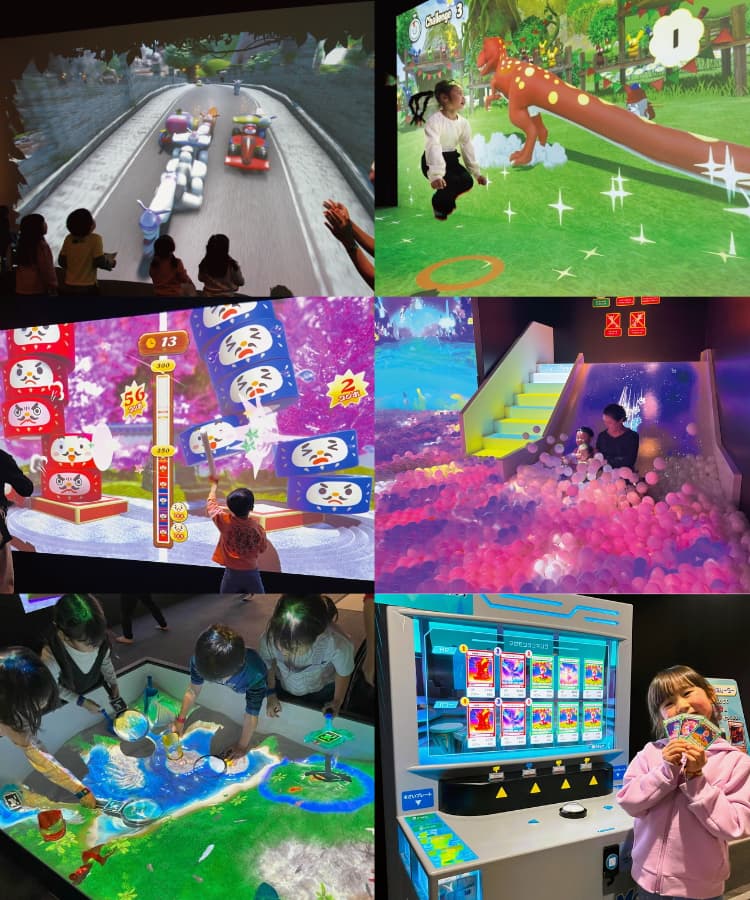 紙に書いた乗り物でカーレースに挑戦!お絵かき3Dレーシング「SKETCH RACING」 恐竜のしっぽに合わせてジャンプ!ふしぎな大縄跳び「DINO JUMPING」 だるまを崩さないように打ち飛ばそう!無限だるま落とし「DARUMA INFINITY」 ボールの海にダイブ!光と音が彩る冒険型ボールプール「ZABOOM JOURNEY」 砂の高さに合わせて地形が変化するAR砂遊び「SAND PARTY!」 生成AIで世界に一枚のトレカを作ろう!AIモンスター生成ラボ「MAZEMON GENERATOR」※別料金