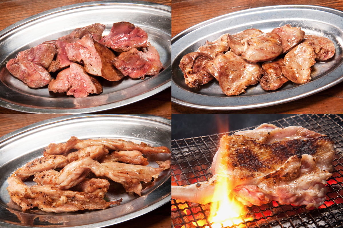 「ハツ焼き」（通常480円） 「レバー焼き」（通常480円） 「せせり焼き」（通常580円） 「特大もも焼き」（通常980円）