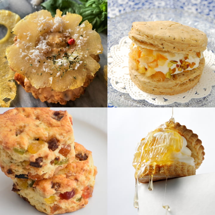 8・7BAKE SHOP(ハチナナベイクショップ）パイナップルとココナッツのスコーン 756円［各日20点限り］ famfam（ファムファム）スコーンクリームサンド アールグレイオレンジ 700円［各日60点限り］ DRESS MITA MASAKI LAB（ドレス ミタ マサキ ラボ）果樹園 801円［各日30点限り］ Honeycafe Meets（ハニーカフェ ミーツ）コムハニースコーンサンド 756円［各日100点限り］はちみつ(10g)付(採蜜国：日本)