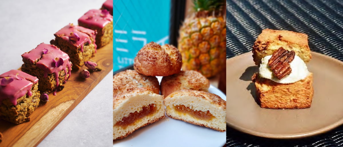 BEYOND SWEETS（ビヨンド スイーツ）クランベリー＆ローズ スコーン 501円 LITTLE SPICE THE CAFE ミライ（リトル スパイス ザ カフェミライ）パイナップルケーキ風スコーン 594円［各日30点限り］ nido（ニド）キャラメルナッツバタースコーン(アイストッピング)  620円［各日30点限り］