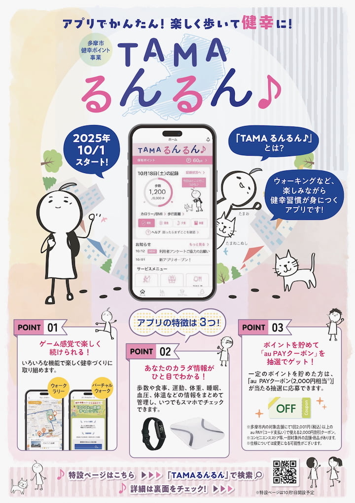 多摩市健幸ポイントアプリ「TAMAるんるん♪」10月スタート!抽選でayPAYクーポンが当たる