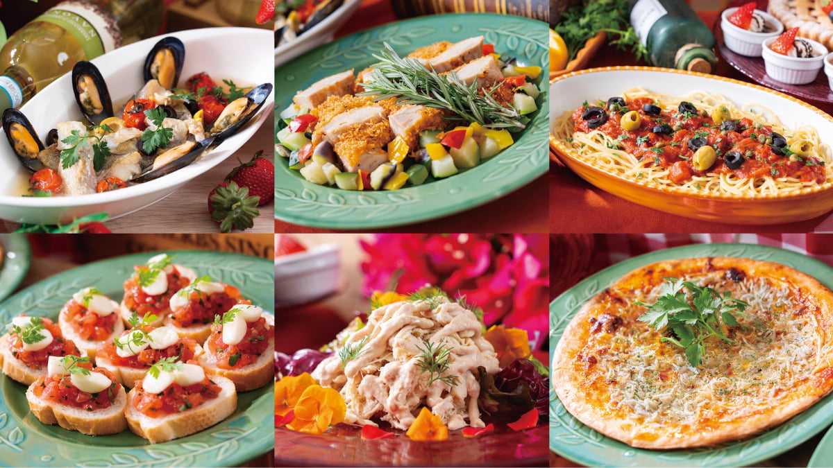 アクアパッツア ポッロ・アッラ・ディアボラ（チキンの悪魔風） パスタ プッタネスカ トマトとモッツァレラチーズのブルスケッタ 鶏ムネ肉のトンナートソース ピザ チチニエッリ（しらす、トマトソース）