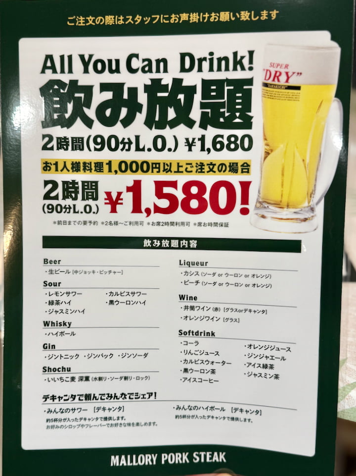 マロリーポークステーキ多摩センター店のメニュー
