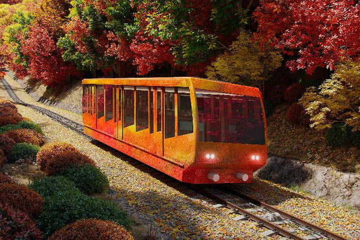 高尾山ケーブルカー、開業100周年で“大刷新”へ！新車両導入＆高尾山駅改築を発表　もみじ号（外観イメージ）