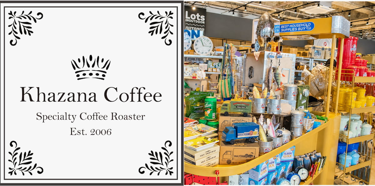 「Khazana Coffee」ロゴ(左)と多彩なアウトドアブランドを揃える店内(右)