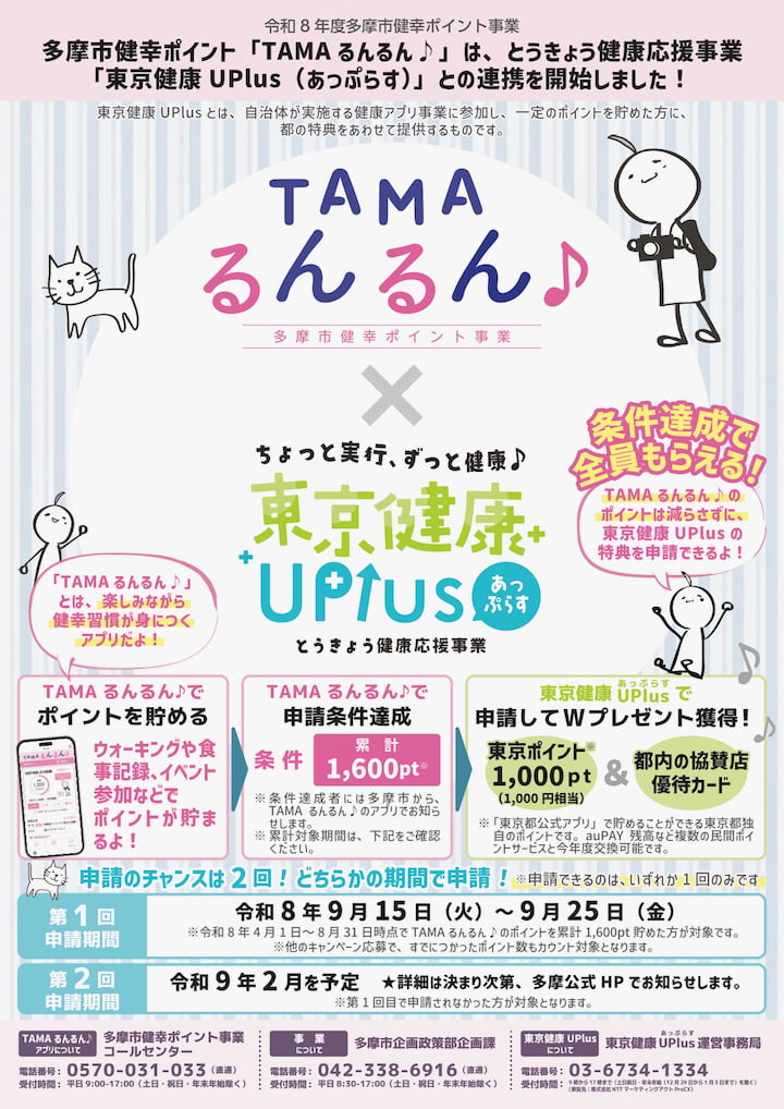 多摩市「TAMAるんるん♪」が東京都の健康事業と連携!東京ポイント1,000pt&優待カードも