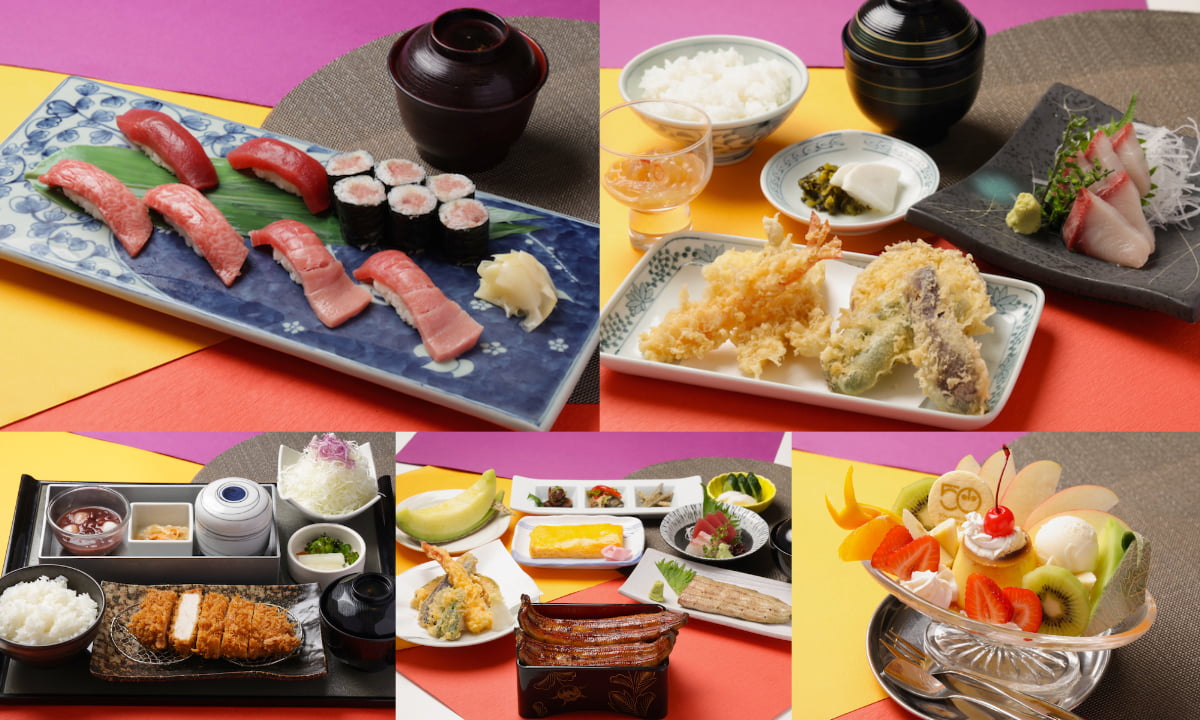 『旭鮨総本店』本鮪づくし　3,950円【開店記念メニュー】 『つな八』つな八定食　3,080円【復刻メニュー】 『いなば和幸』ホエイ豚のロースかつ定食　2,600円【開店記念メニュー】 『双葉』寿　15,000円【開店記念メニュー】 『渋谷 西村 フルーツパーラー』プリン ア ラ モード　1,800円【復刻メニュー】