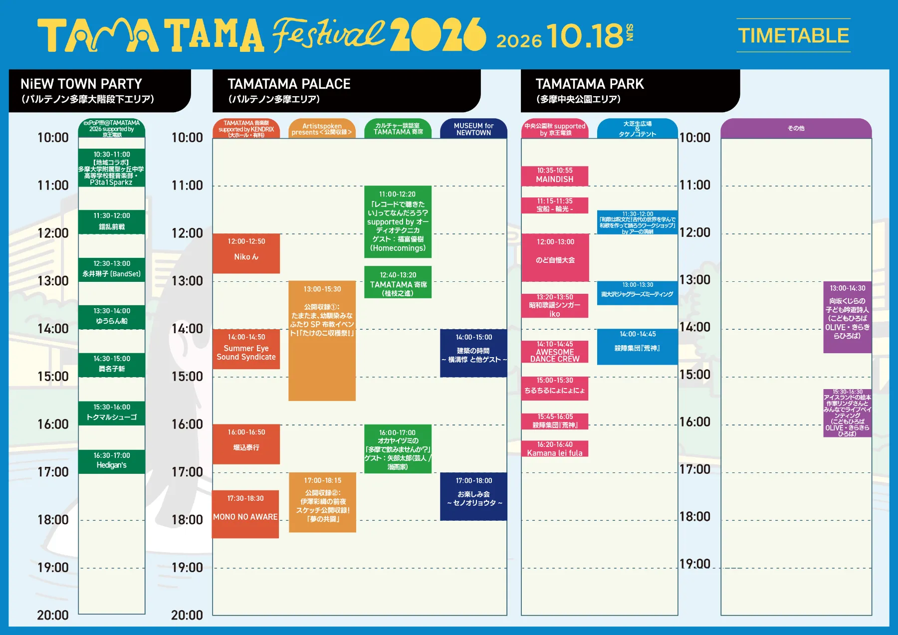 TAMATAMA FESTIVAL 2026の10月18日(日)のタイムテーブル